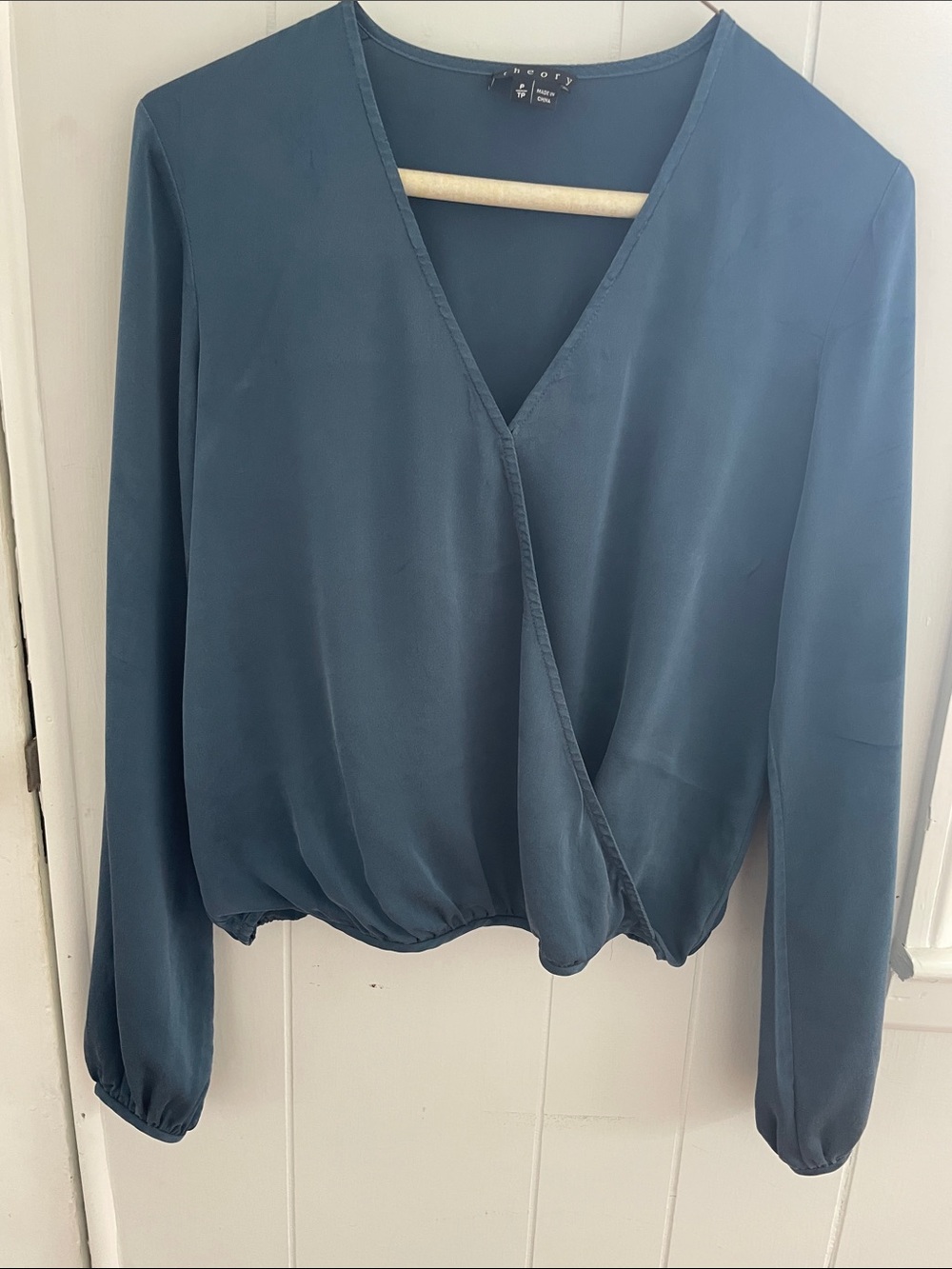 Theory Teal-Blue Wrap Front Blouse